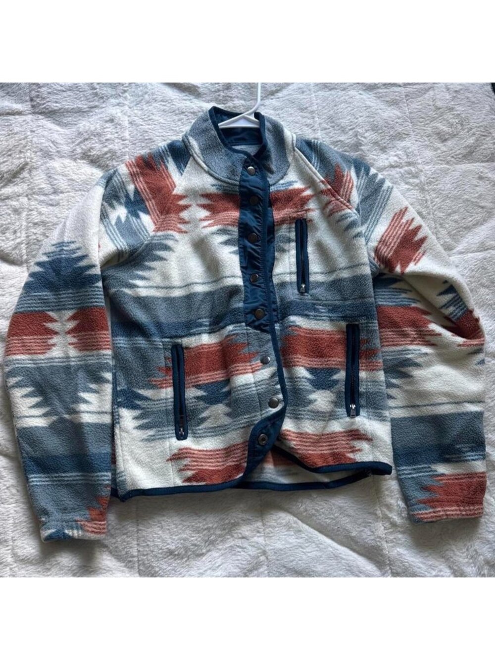 Blue, orange , and cream geometric pattern fleece jacket #geometric #cozy